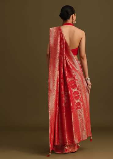 Red Khaddi Georgette Zari Weave Saree With Unstitched Blouse