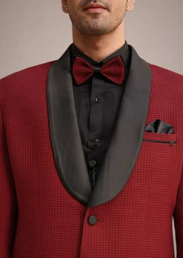 Red Knit Tuxedo Set With Pocket Square