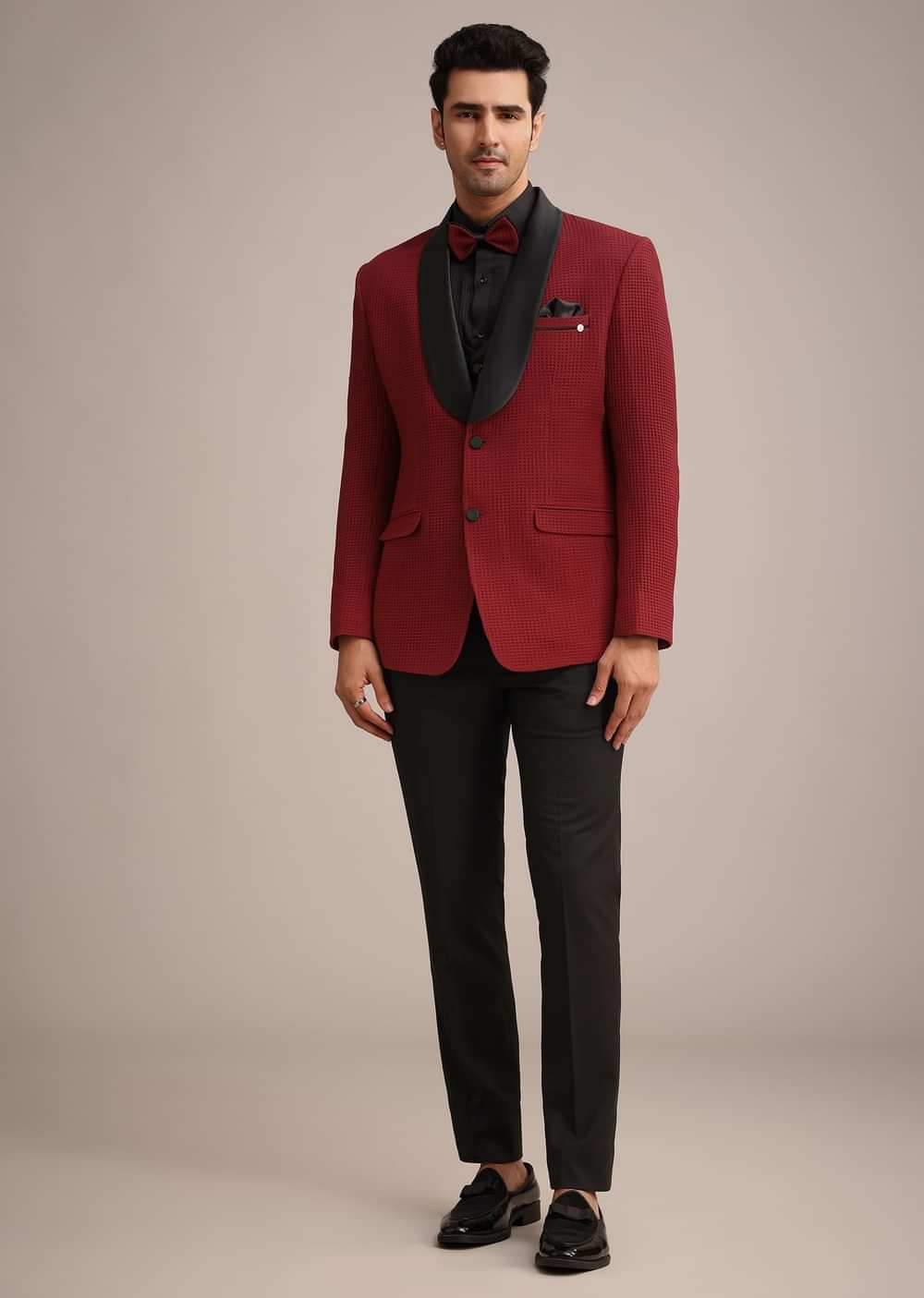 Red Knit Tuxedo Set With Pocket Square