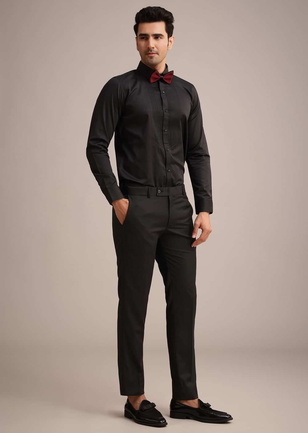 Red Knit Tuxedo Set With Pocket Square