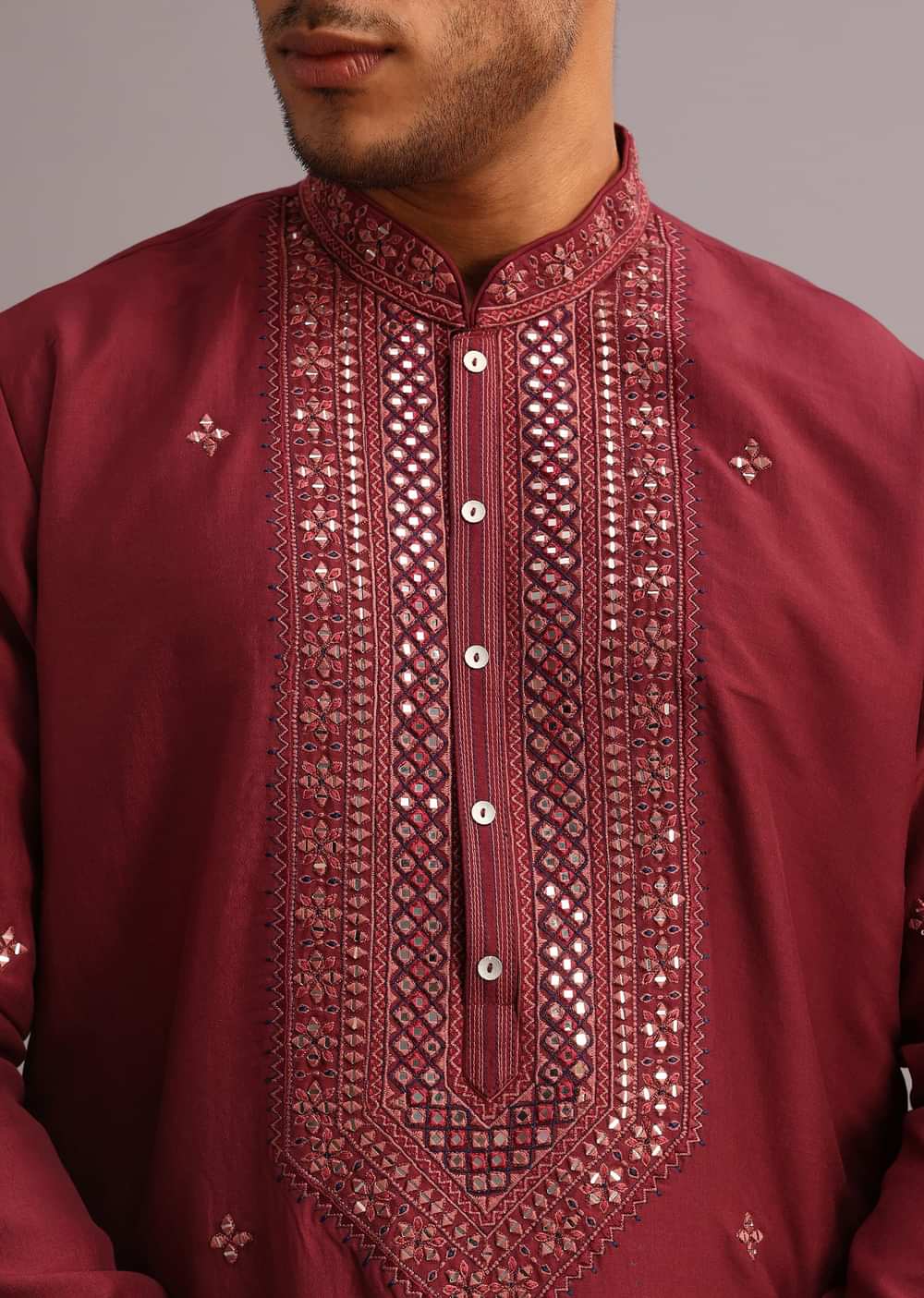 Red Kurta Pant Set In Silk With Mirror Work