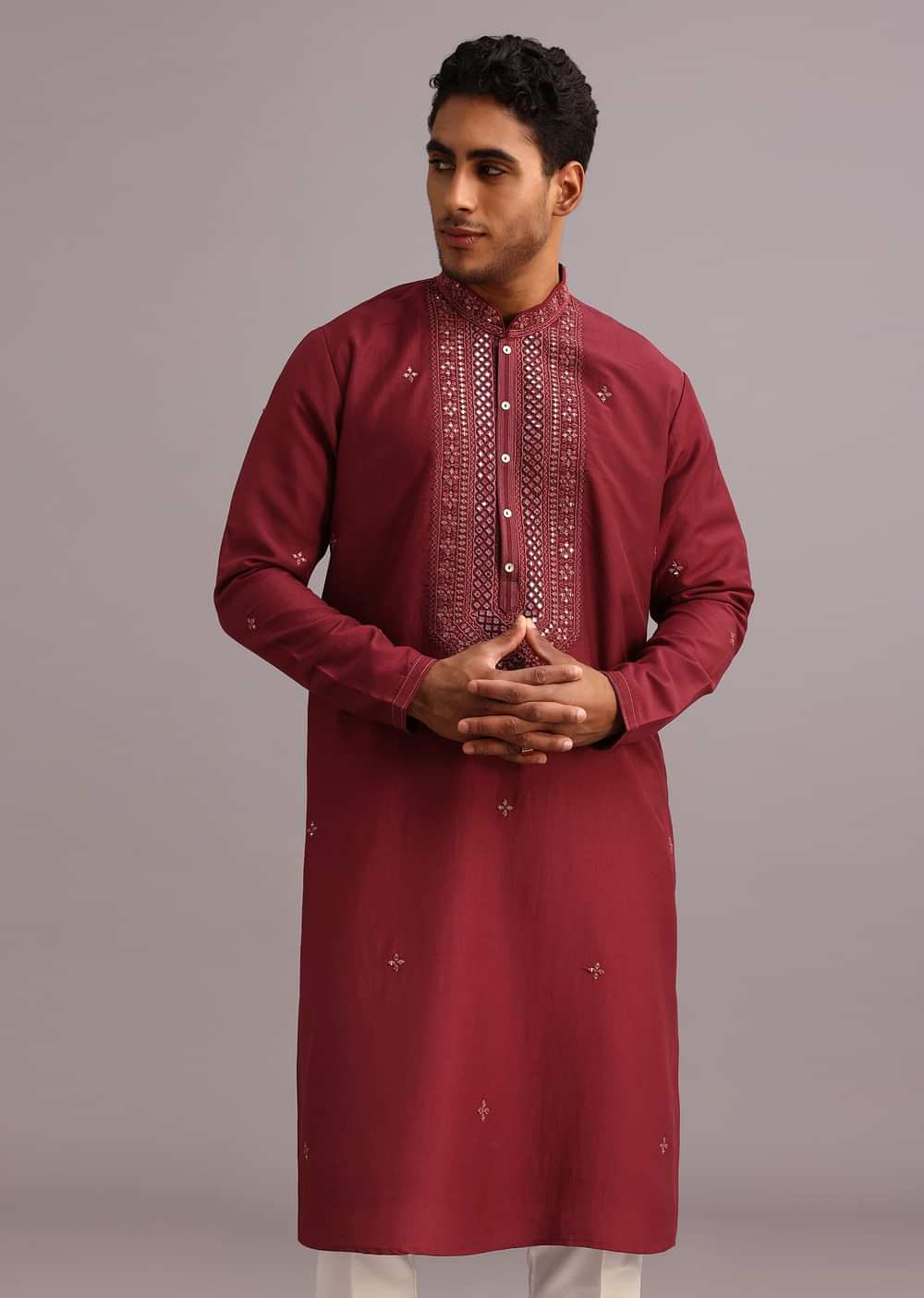 Red Kurta Pant Set In Silk With Mirror Work