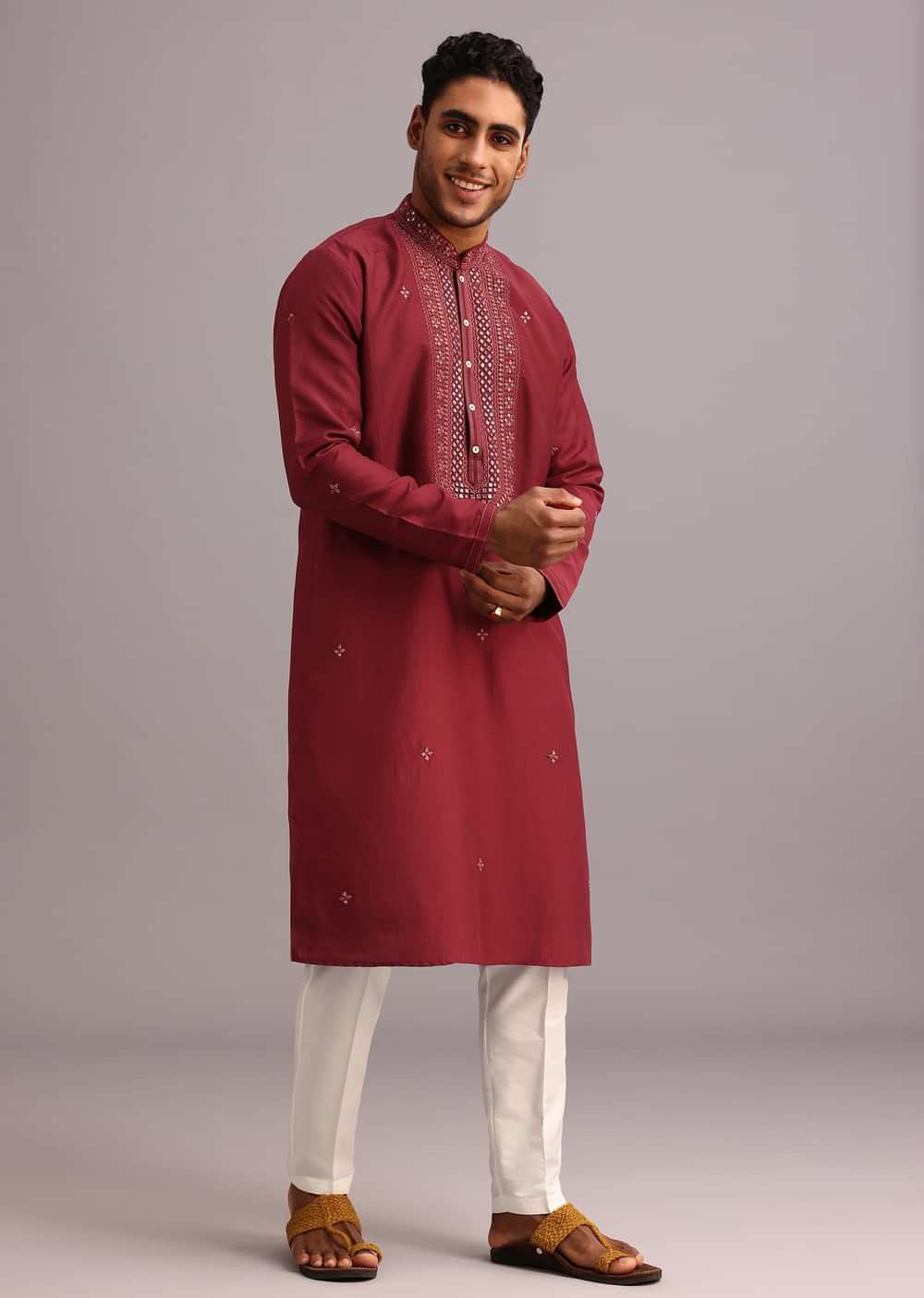 Red Kurta Pant Set In Silk With Mirror Work