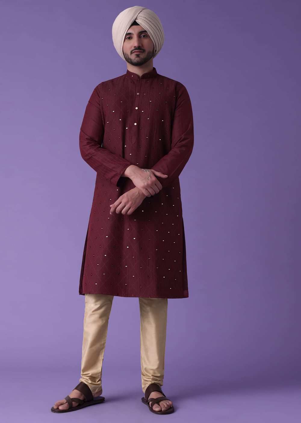 Red Kurta Set In Cotton Silk With Mirror Embroidery