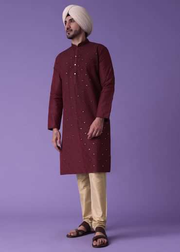 Red Kurta Set In Cotton Silk With Mirror Embroidery