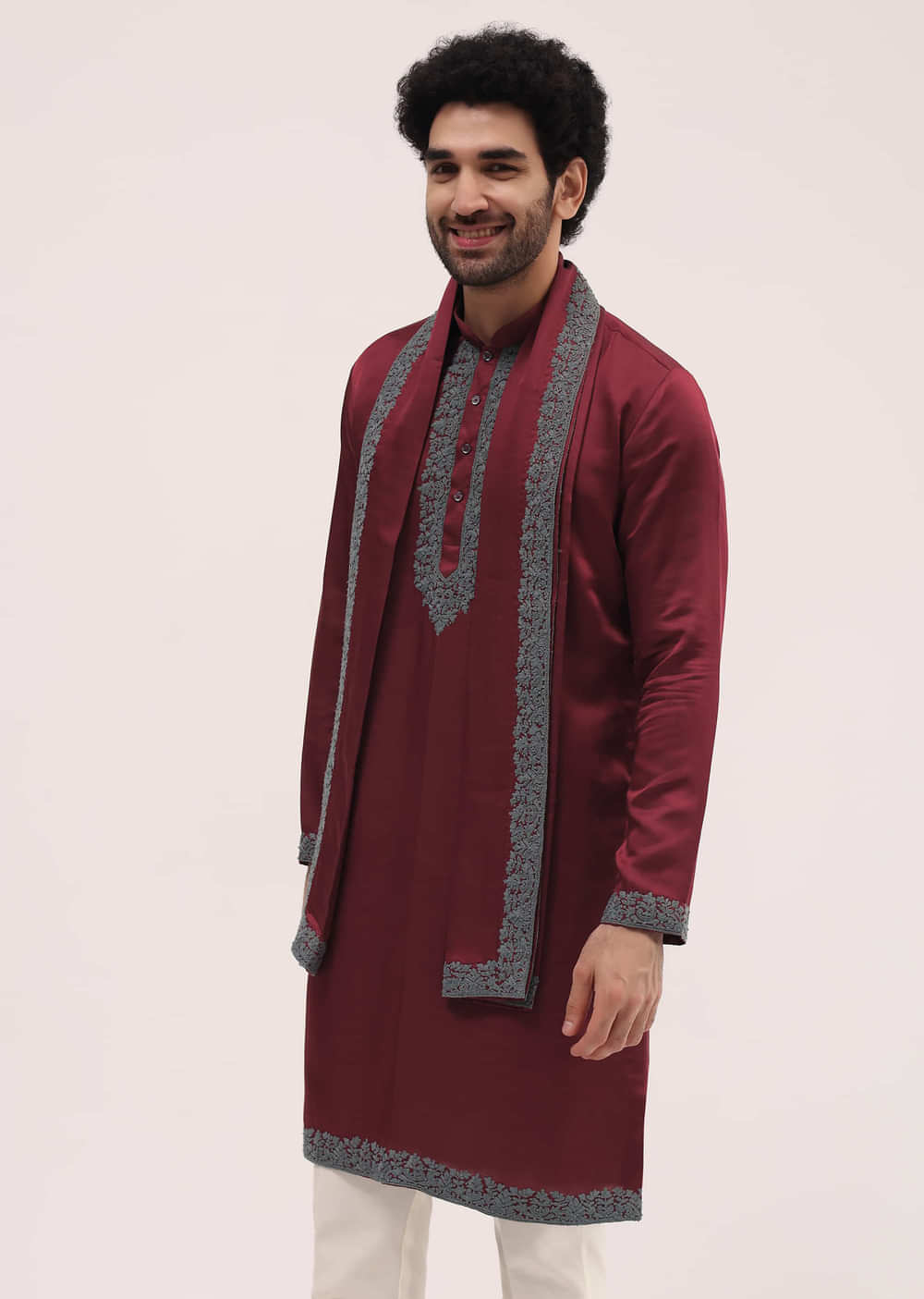 Red Kurta Set In Resham Work With Dupatta For Men