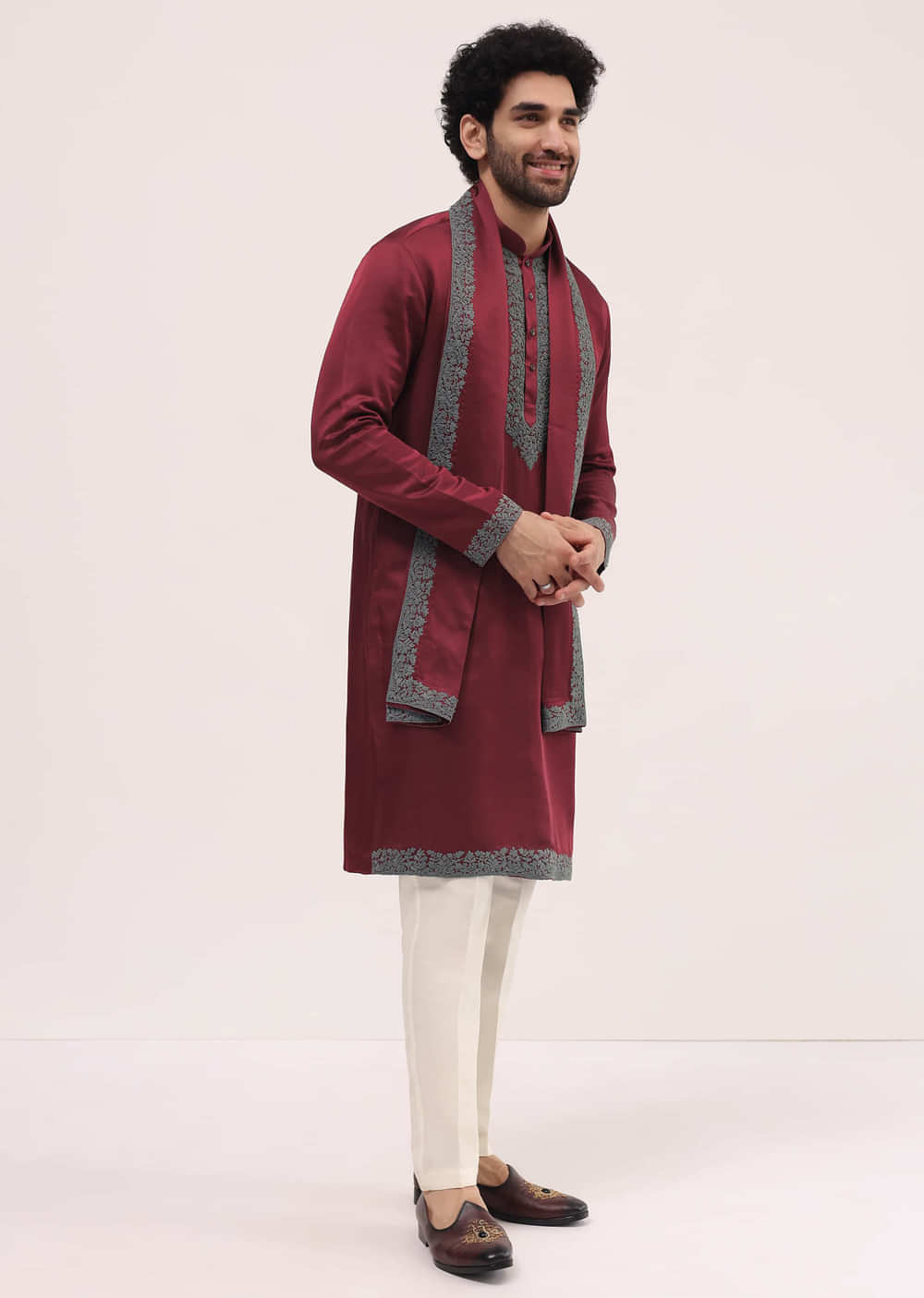 Red Kurta Set In Resham Work With Dupatta For Men