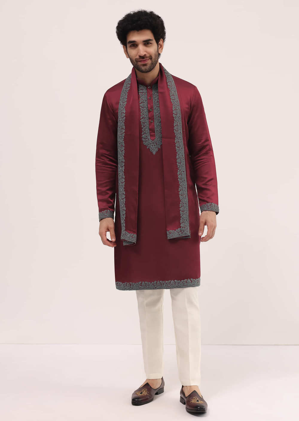 Red Kurta Set In Resham Work With Dupatta For Men