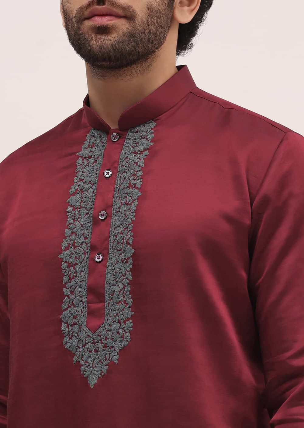 Red Kurta Set In Resham Work With Dupatta For Men