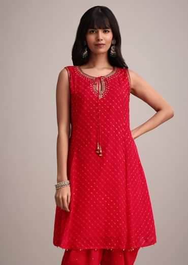 Red Leheriya Printed Kurta Dhoti Set
