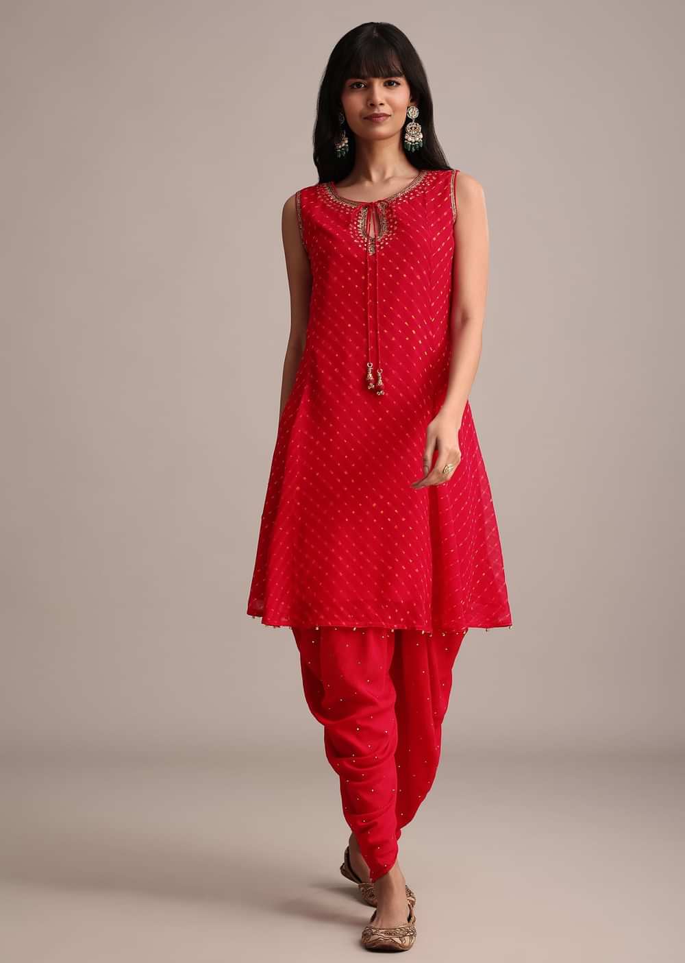 Red Leheriya Printed Kurta Dhoti Set