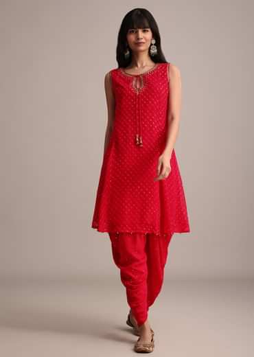 Red Leheriya Printed Kurta Dhoti Set