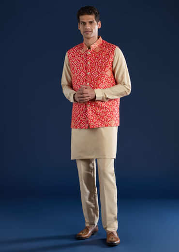 Red Mens Bandhani Silk Jacket Kurta Set