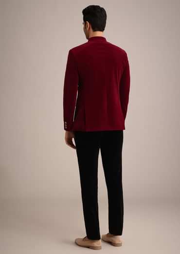 Red Micro Velvet Jodhpuri Set With Pocket Square