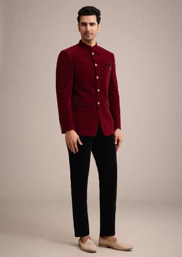 Red Micro Velvet Jodhpuri Set With Pocket Square