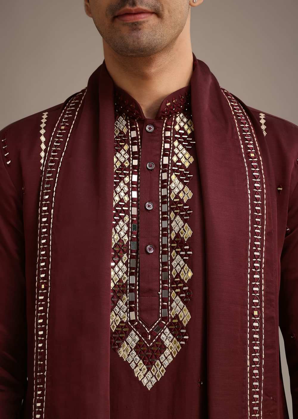 Red Mirror Work Kurta Set With Dupatta