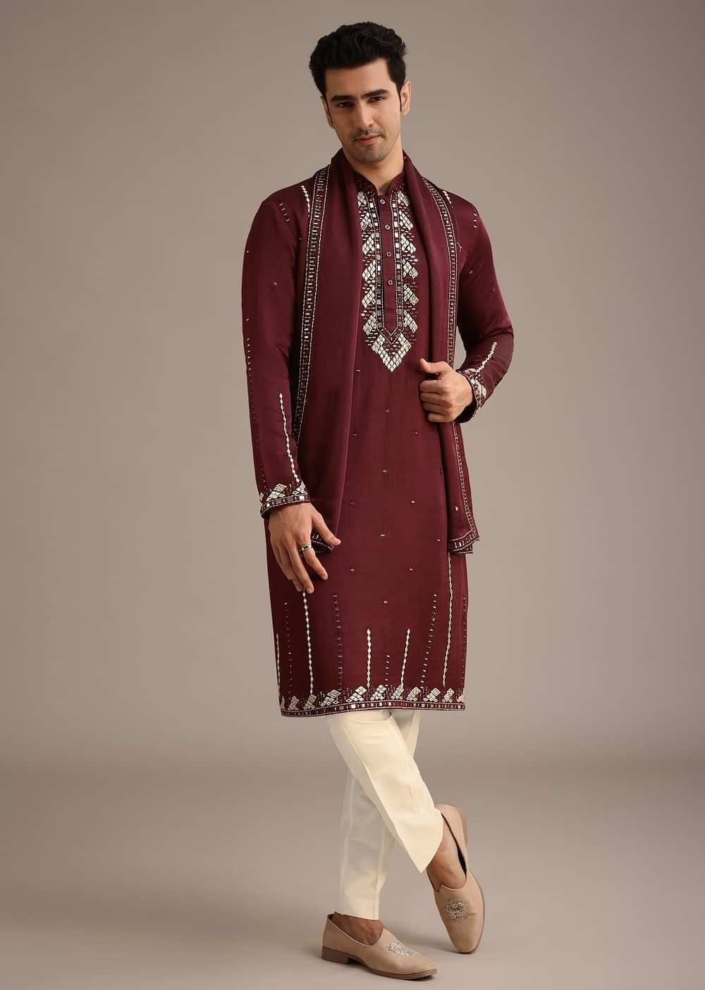 Red Mirror Work Kurta Set With Dupatta