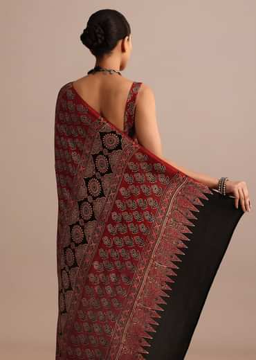 Red Modal Satin Ajrakh Handblock Printed Saree