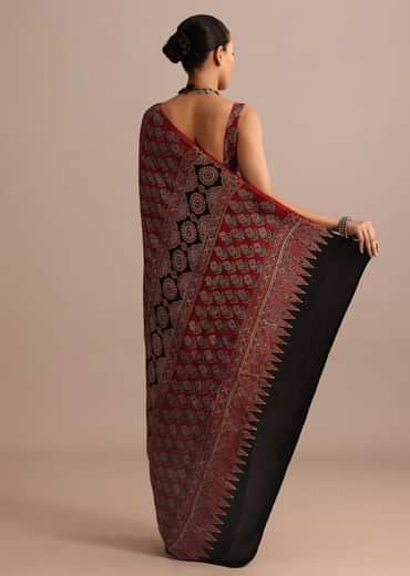 Red Modal Satin Ajrakh Handblock Printed Saree