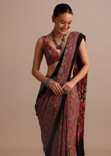 Red Modal Satin Ajrakh Handblock Printed Saree