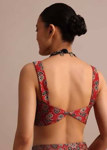 Red Modal Satin Ajrakh Handblock Printed Saree