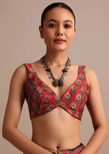 Red Modal Satin Ajrakh Handblock Printed Saree