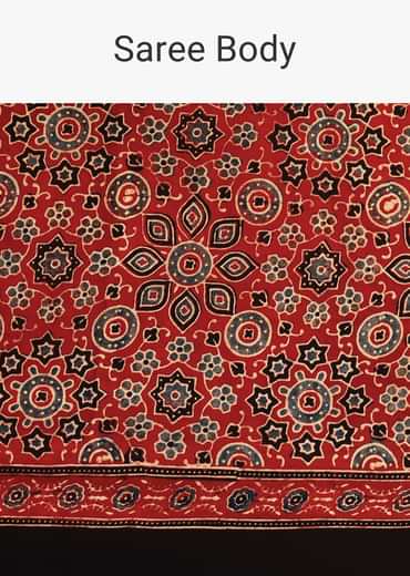 Red Modal Satin Ajrakh Handblock Printed Saree