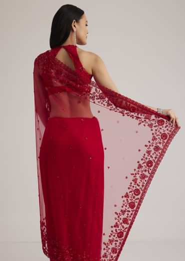 Red Net Saree With Sequins And Stones Embroidery