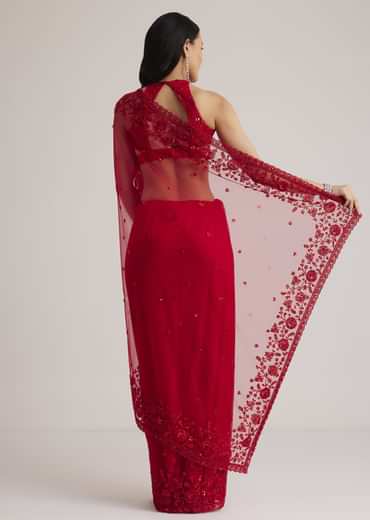 Red Net Saree With Sequins And Stones Embroidery