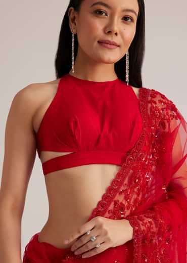Red Net Saree With Sequins And Stones Embroidery