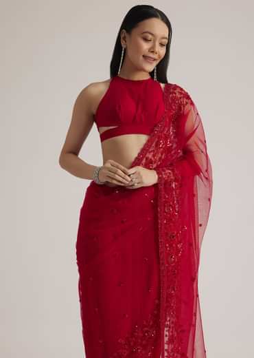 Red Net Saree With Sequins And Stones Embroidery