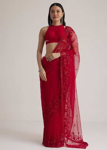 Red Net Saree With Sequins And Stones Embroidery