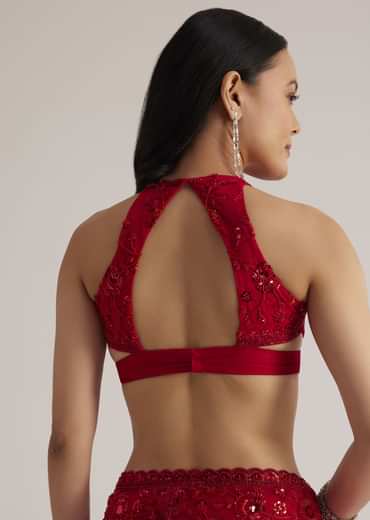 Red Net Saree With Sequins And Stones Embroidery