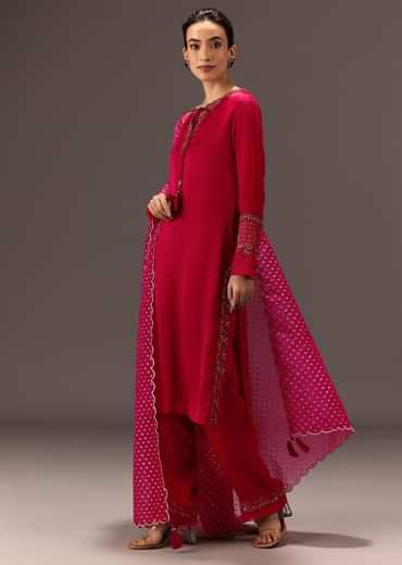 Red Organza Satin Hand Embroidered Kurta Set