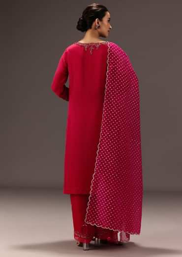 Red Organza Satin Hand Embroidered Kurta Set