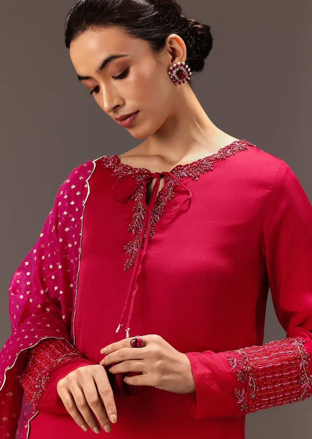 Red Organza Satin Hand Embroidered Kurta Set