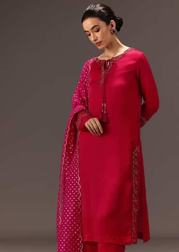 Red Organza Satin Hand Embroidered Kurta Set