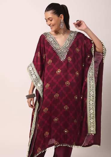 Red Pant Set With Gota Patti Kaftan Kurta