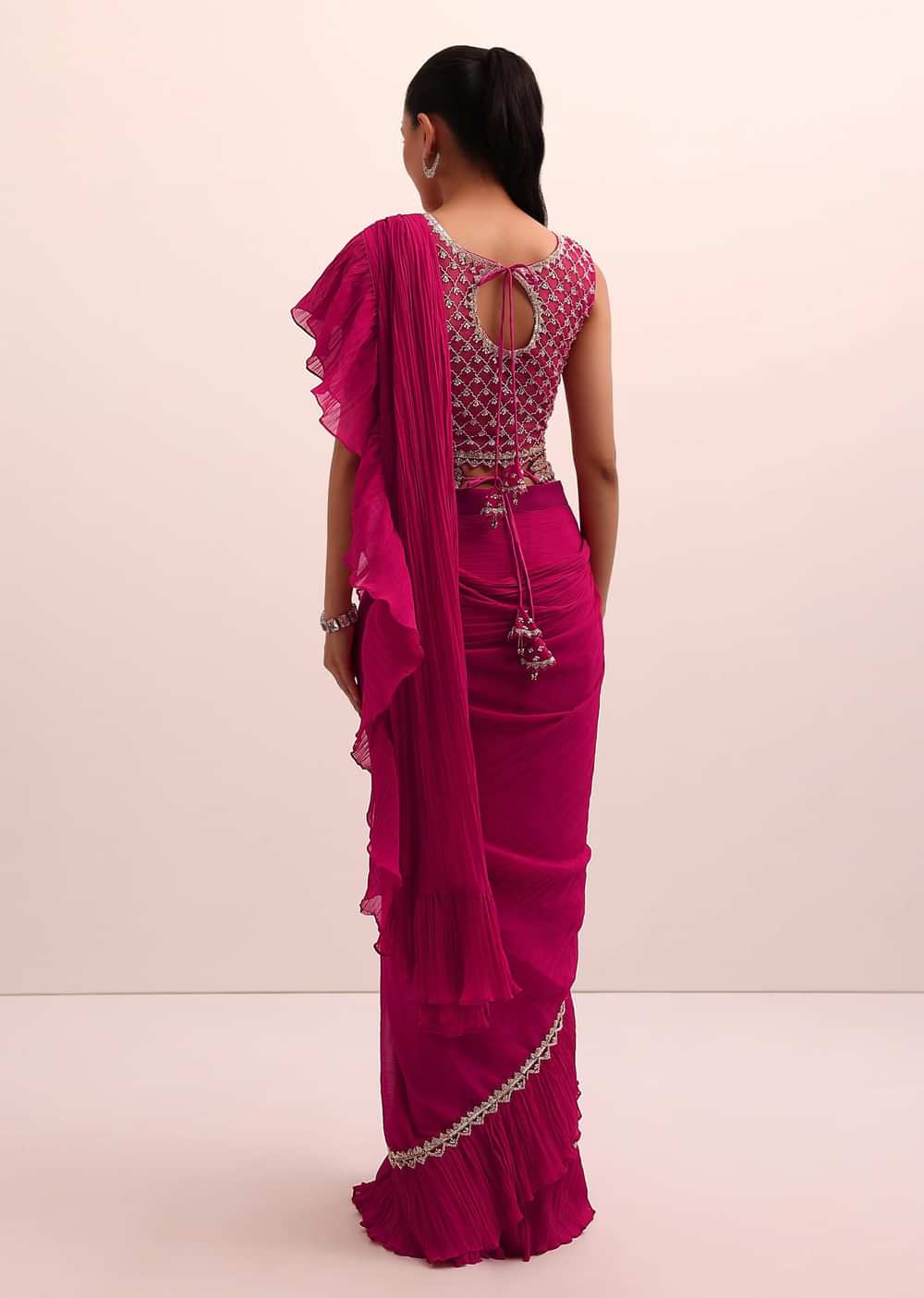 Magenta Pink Pre Pleated Frill Saree With Belt And A Stitched Blouse
