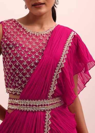Magenta Pink Pre Pleated Frill Saree With Belt And A Stitched Blouse