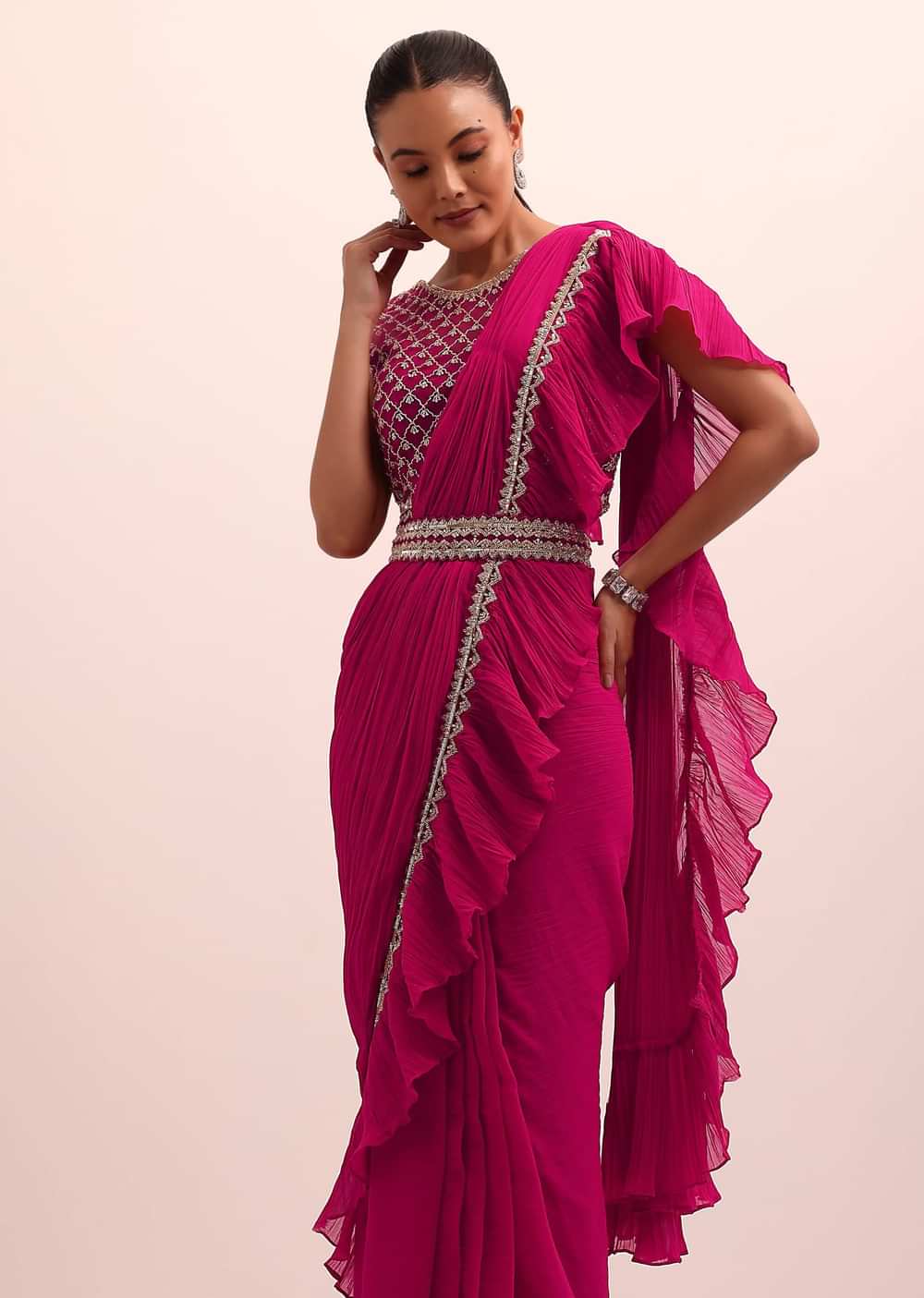 Magenta Pink Pre Pleated Frill Saree With Belt And A Stitched Blouse