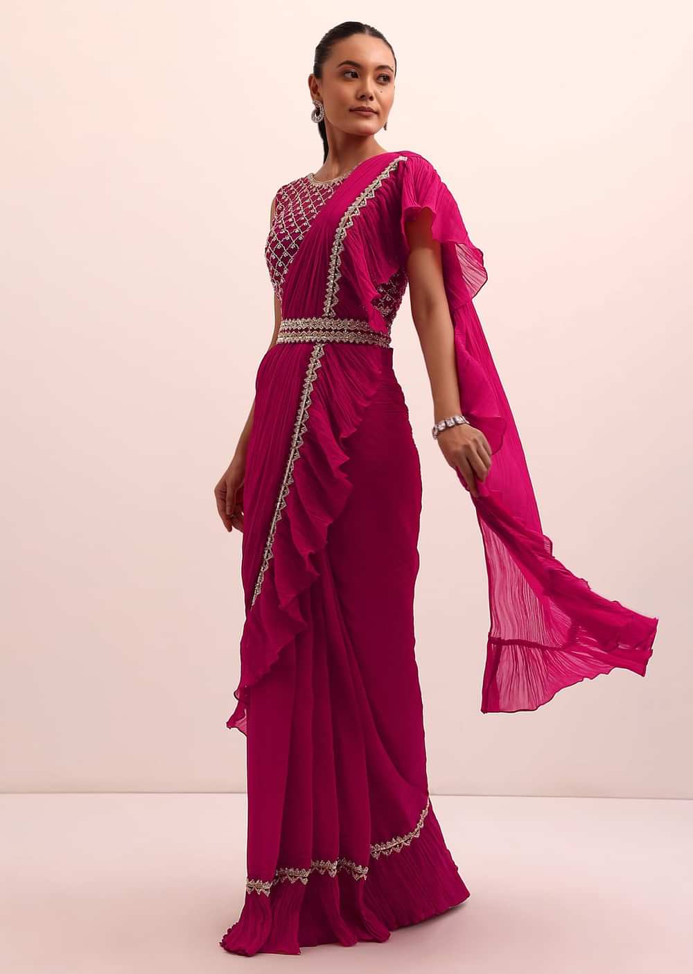 Magenta Pink Pre Pleated Frill Saree With Belt And A Stitched Blouse