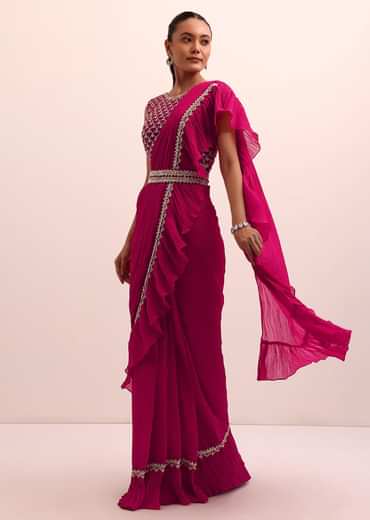 Magenta Pink Pre Pleated Frill Saree With Belt And A Stitched Blouse