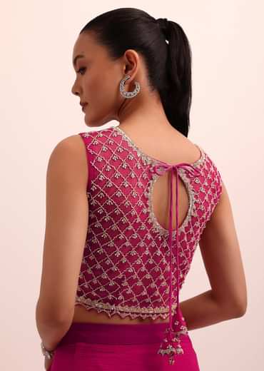 Magenta Pink Pre Pleated Frill Saree With Belt And A Stitched Blouse