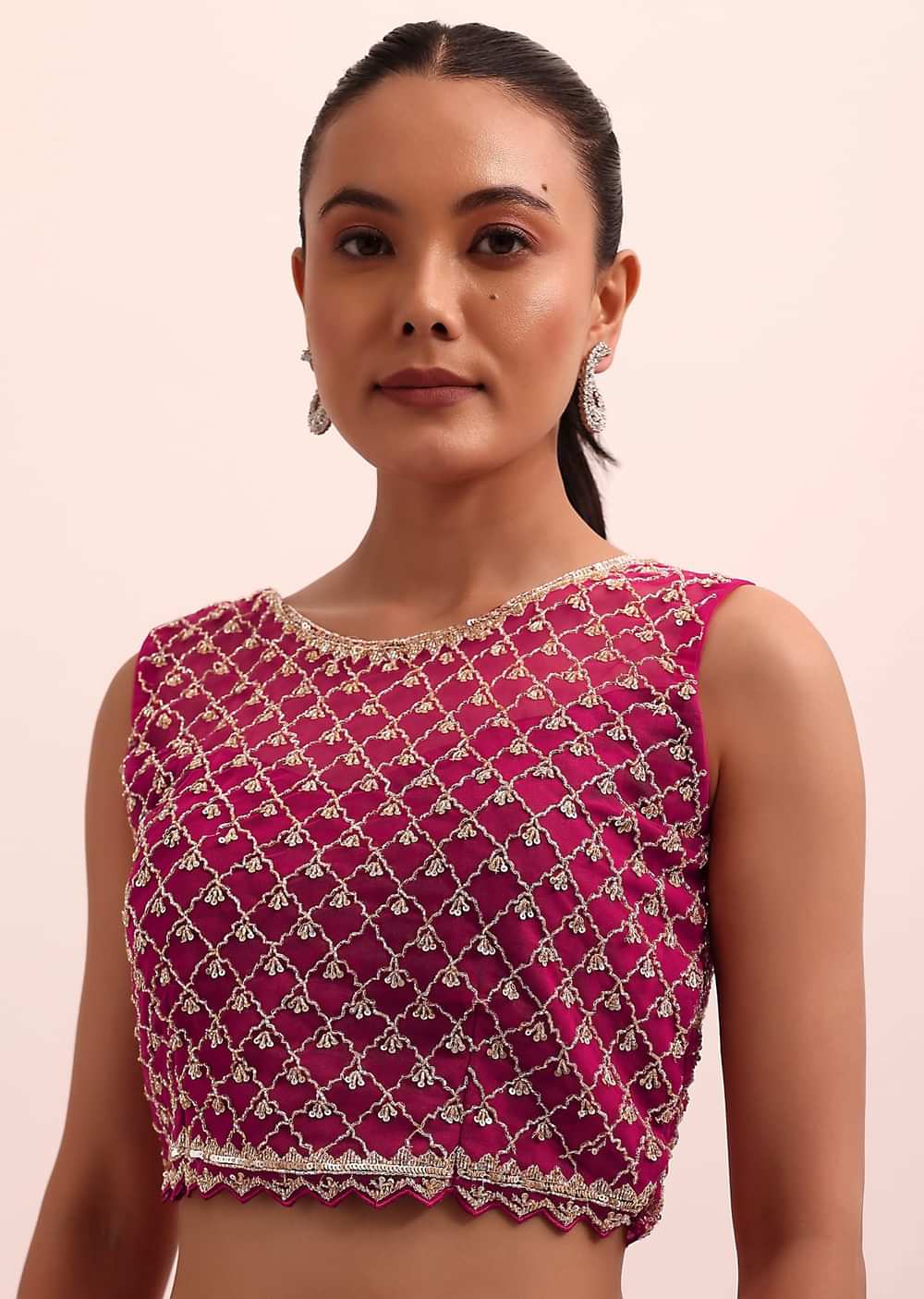 Magenta Pink Pre Pleated Frill Saree With Belt And A Stitched Blouse