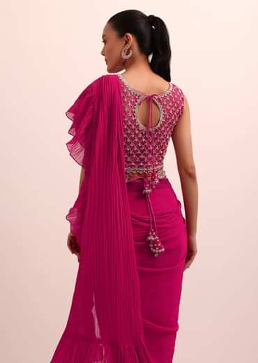 Magenta Pink Pre Pleated Frill Saree With Belt And A Stitched Blouse