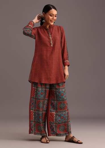 Red Printed Kurti With Palazzo Set