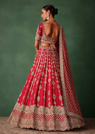 Red Raw Silk Hand Embroidered Lehenga With Net Dupatta