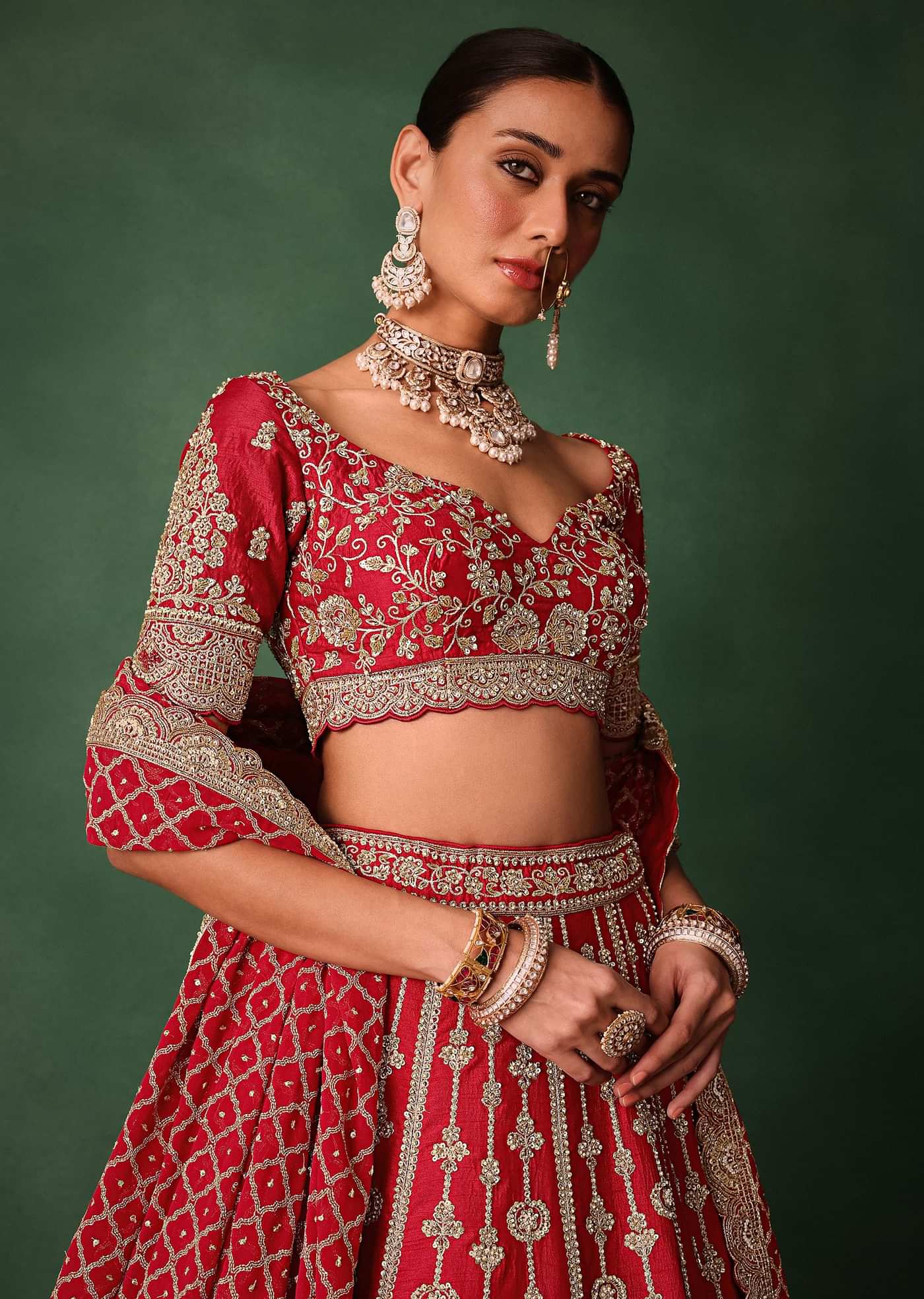 Red Raw Silk Hand Embroidered Lehenga With Net Dupatta