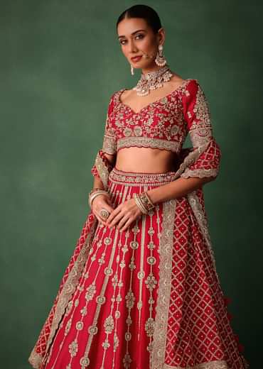 Red Raw Silk Hand Embroidered Lehenga With Net Dupatta